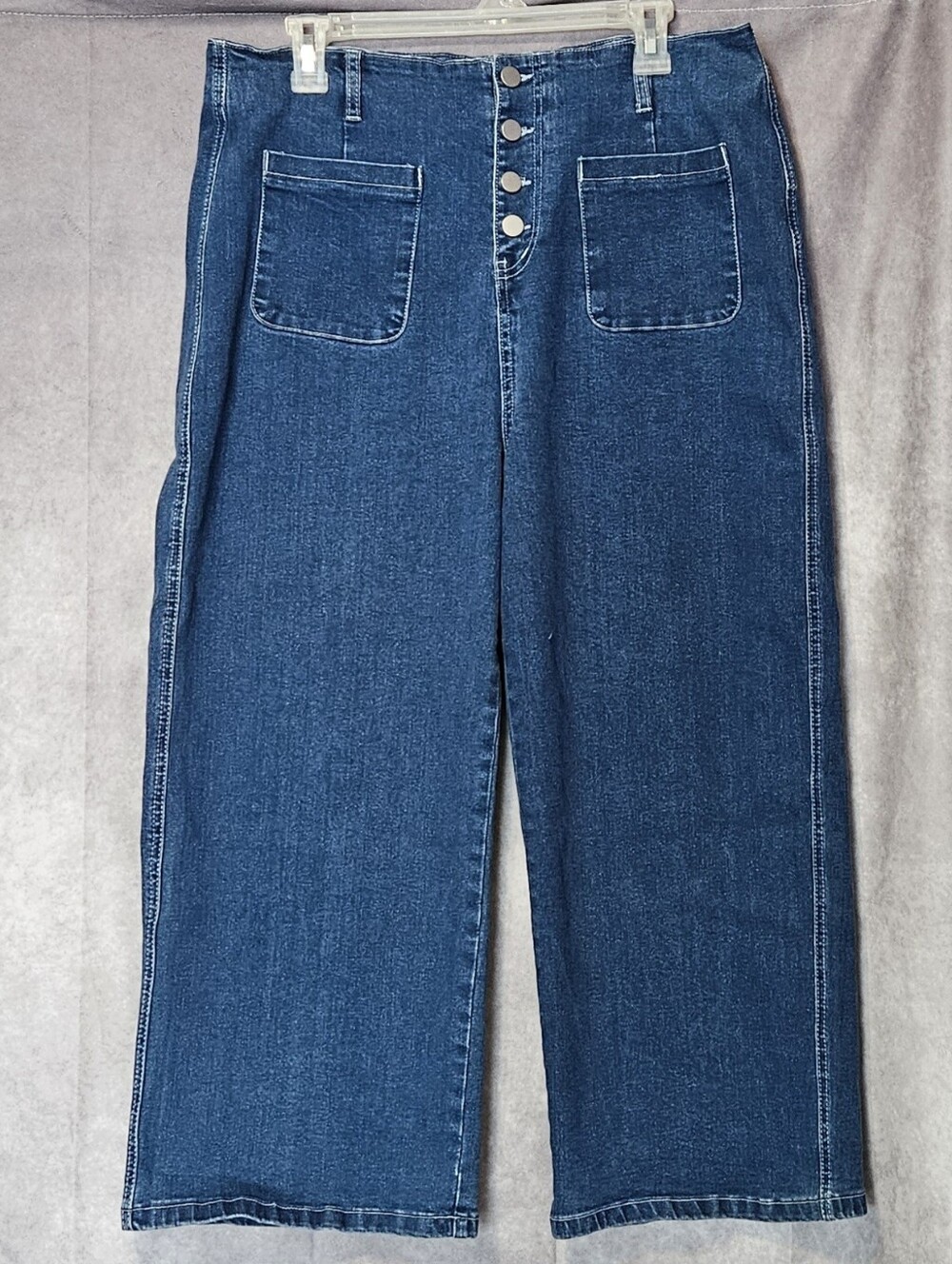 High Waist Wide Leg Denim Jeans Size 16 Button Fly Front Patch Pockets Cropped